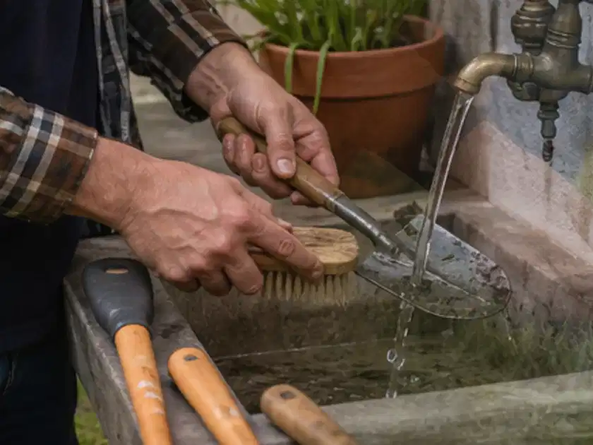 Hände reinigen gebrauchte Gartengeräte mit Bürste und Wasser am Außenbecken; Thema Holzhäcksler, Schwerpunkt Testkriterien; Titelbild.