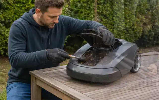 Person wartet einen geöffneten Mähroboter auf einem stabilen Gartentisch; Thema Holzhäcksler, Schwerpunkt Testkriterien; Ergebnis.