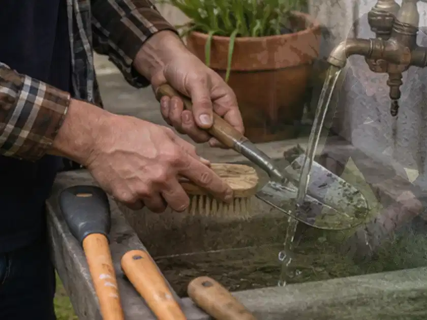 Hände reinigen gebrauchte Gartengeräte mit Bürste und Wasser am Außenbecken; Thema Holzhäcksler, Schwerpunkt Wartung; Titelbild.