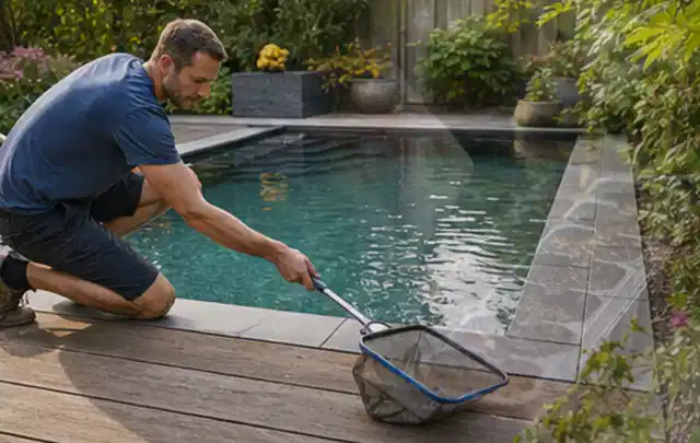 Person entfernt Blätter mit einem Kescher aus einem kleinen Gartenpool; Thema Holzkohlegrills, Schwerpunkt Anwendung; Umsetzung.
