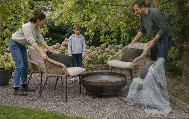 Familie stellt wetterfeste Sessel an einem geschützten Sitzplatz im Garten auf; Thema Holzkohlegrills, Schwerpunkt Bestenliste; Umsetzung.