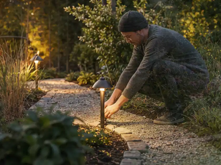 Person richtet eine niedrige warm leuchtende Gartenlampe am Kiesweg aus; Thema Holzkohlegrills, Schwerpunkt Checkliste; Titelbild.