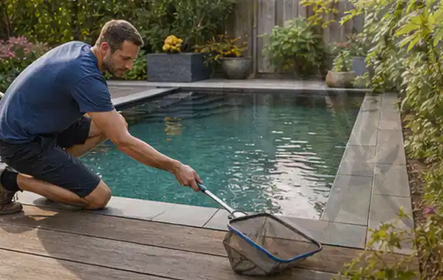 Person entfernt Blätter mit einem Kescher aus einem kleinen Gartenpool; Thema Holzkohlegrills, Schwerpunkt Checkliste; Kontrolle.
