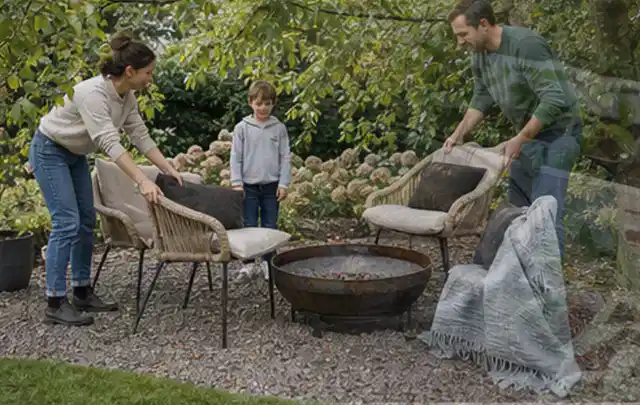 Familie stellt wetterfeste Sessel an einem geschützten Sitzplatz im Garten auf; Thema Holzkohlegrills, Schwerpunkt Checkliste; Ergebnis.