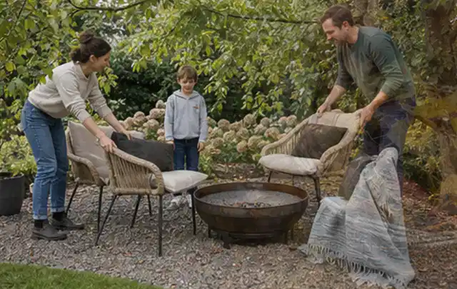Familie stellt wetterfeste Sessel an einem geschützten Sitzplatz im Garten auf; Thema Holzkohlegrills, Schwerpunkt Dimensionierung; Umsetzung.