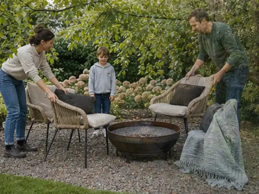 Familie stellt wetterfeste Sessel an einem geschützten Sitzplatz im Garten auf; Thema Holzkohlegrills, Schwerpunkt Ersatzteile; Titelbild.