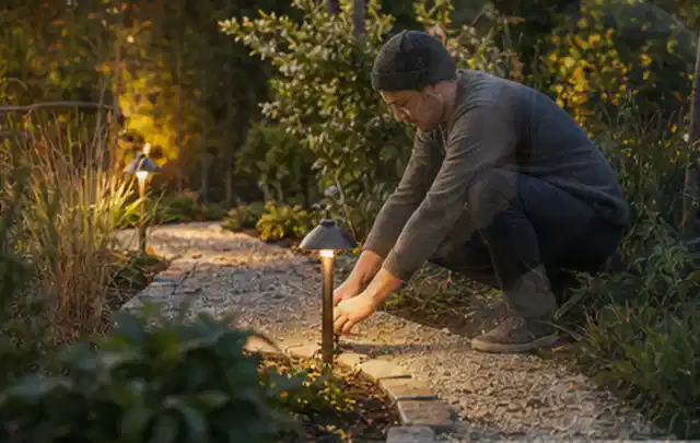 Person richtet eine niedrige warm leuchtende Gartenlampe am Kiesweg aus; Thema Holzkohlegrills, Schwerpunkt Ersatzteile; Kontrolle.