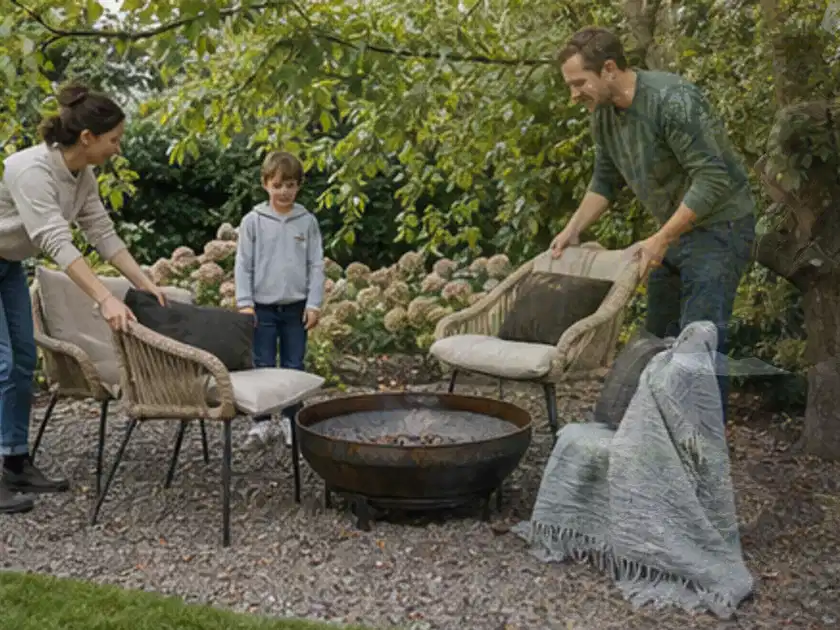 Familie stellt wetterfeste Sessel an einem geschützten Sitzplatz im Garten auf; Thema Holzkohlegrills, Schwerpunkt Fehlerhilfe; Titelbild.