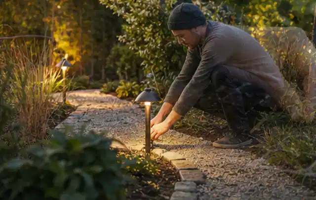 Person richtet eine niedrige warm leuchtende Gartenlampe am Kiesweg aus; Thema Holzkohlegrills, Schwerpunkt Fehlerhilfe; Ergebnis.