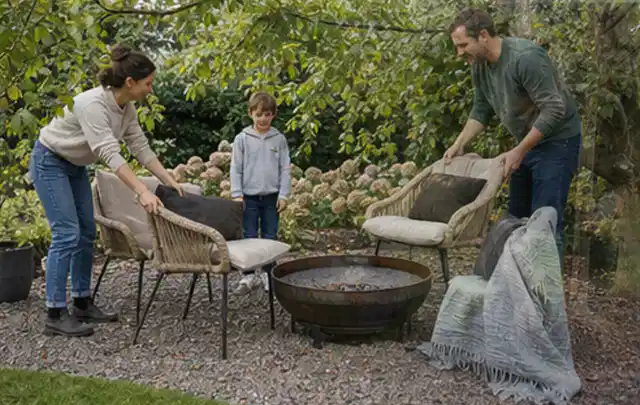 Familie stellt wetterfeste Sessel an einem geschützten Sitzplatz im Garten auf; Thema Holzkohlegrills, Schwerpunkt Gärten mit großer Fläche; Ausgangslage.