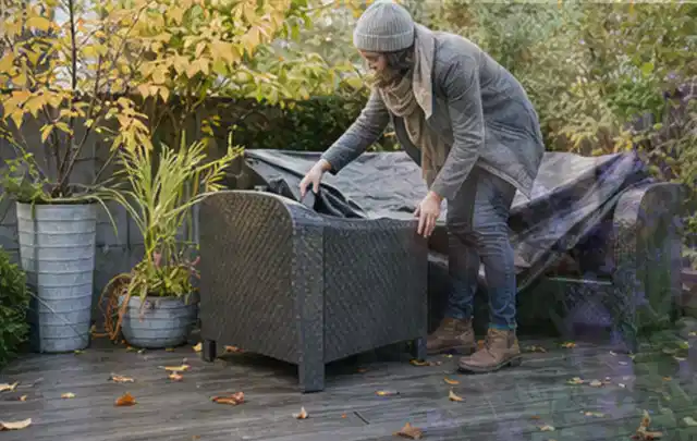 Person deckt Gartenmöbel vor der kalten Jahreszeit sorgfältig ab; Thema Holzkohlegrills, Schwerpunkt Gärten mit großer Fläche; Kontrolle.