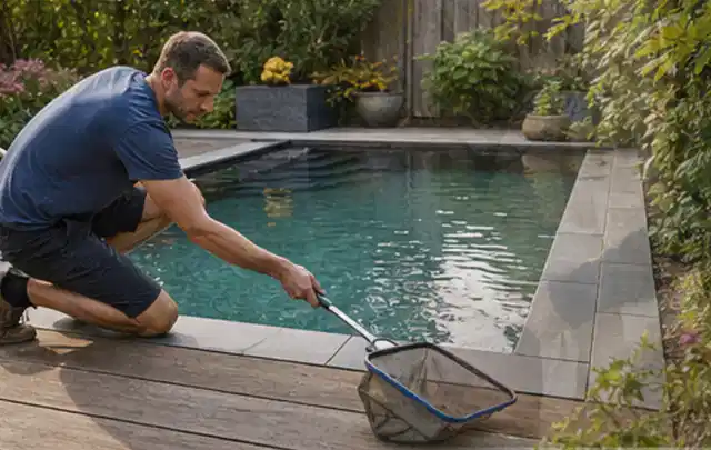 Person entfernt Blätter mit einem Kescher aus einem kleinen Gartenpool; Thema Holzkohlegrills, Schwerpunkt Gärten mit großer Fläche; Praxisalltag.