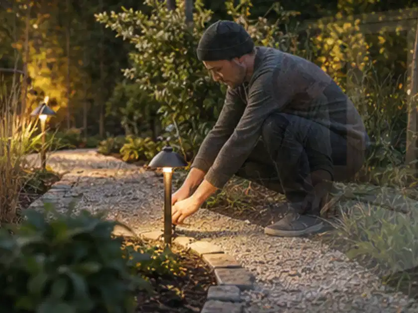 Person richtet eine niedrige warm leuchtende Gartenlampe am Kiesweg aus; Thema Holzkohlegrills, Schwerpunkt Gärten mit kleiner Fläche; Titelbild.