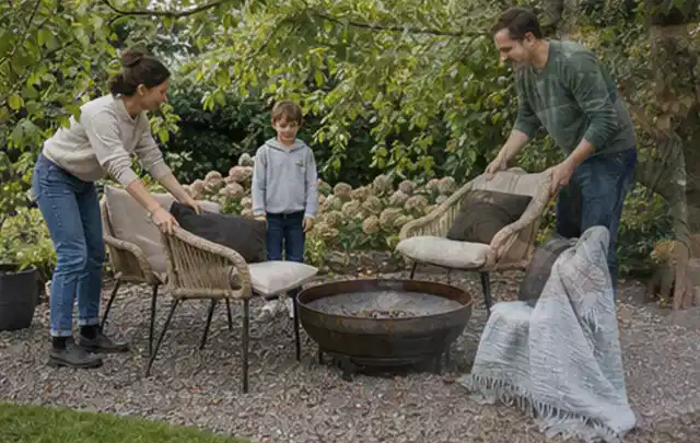 Familie stellt wetterfeste Sessel an einem geschützten Sitzplatz im Garten auf; Thema Holzkohlegrills, Schwerpunkt Gärten mit kleiner Fläche; Ausgangslage.