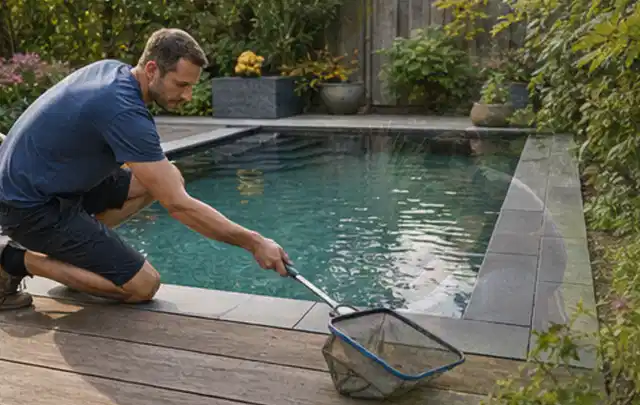 Person entfernt Blätter mit einem Kescher aus einem kleinen Gartenpool; Thema Holzkohlegrills, Schwerpunkt Gärten mit kleiner Fläche; Praxisalltag.