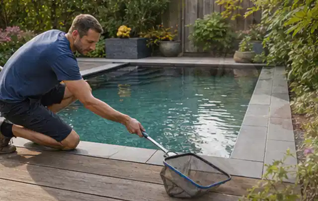 Person entfernt Blätter mit einem Kescher aus einem kleinen Gartenpool; Thema Holzkohlegrills, Schwerpunkt Kaufberatung; Umsetzung.