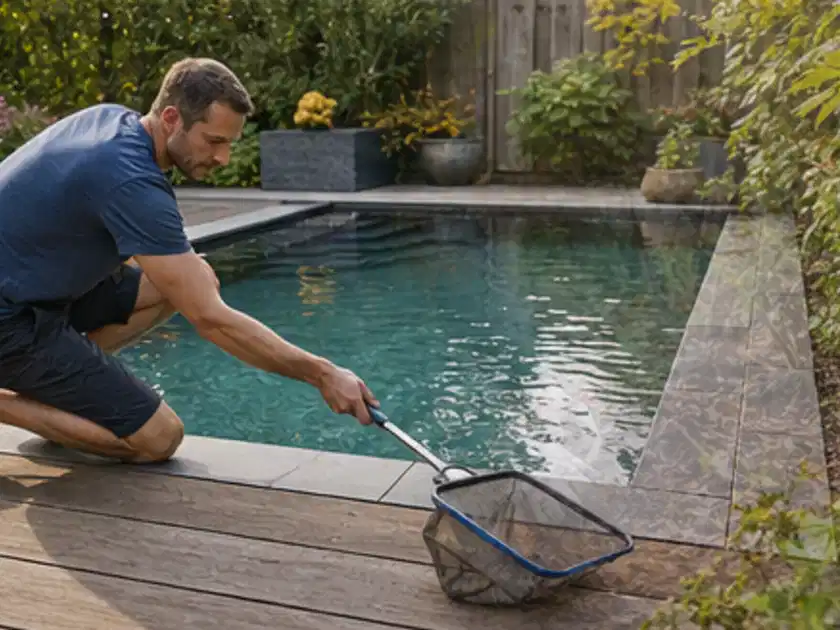 Person entfernt Blätter mit einem Kescher aus einem kleinen Gartenpool; Thema Holzkohlegrills, Schwerpunkt Kosten; Titelbild.