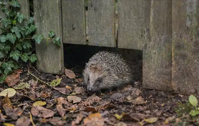 Igel nutzt einen bodennahen Durchgang unter einem hölzernen Gartenzaun; Thema Holzkohlegrills, Schwerpunkt Kosten; Ausgangslage.