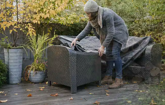 Person deckt Gartenmöbel vor der kalten Jahreszeit sorgfältig ab; Thema Holzkohlegrills, Schwerpunkt Kosten; Kontrolle.