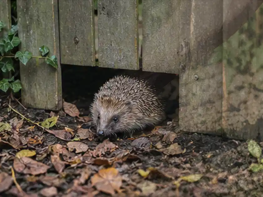 Igel nutzt einen bodennahen Durchgang unter einem hölzernen Gartenzaun; Thema Holzkohlegrills, Schwerpunkt Nachhaltigkeit; Titelbild.