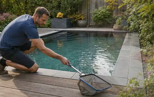Person entfernt Blätter mit einem Kescher aus einem kleinen Gartenpool; Thema Holzkohlegrills, Schwerpunkt Outdoor Freizeit; Kontrolle.