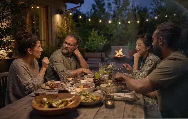 Menschen verbringen einen ruhigen Abend an einem Sitzplatz im Garten; Thema Holzkohlegrills, Schwerpunkt Reinigung; Praxisalltag.