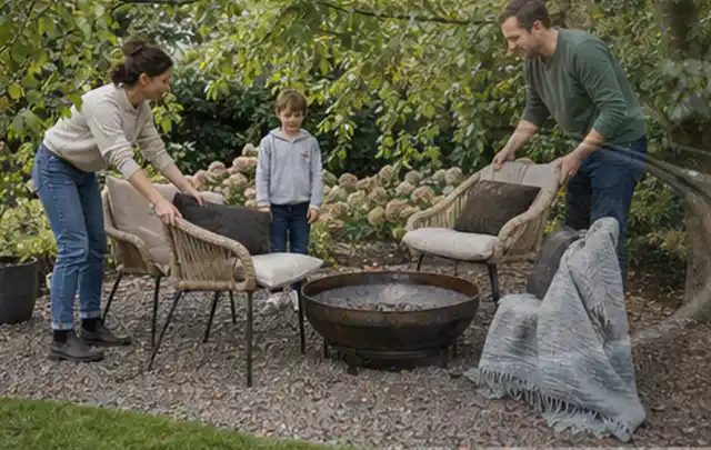 Familie stellt wetterfeste Sessel an einem geschützten Sitzplatz im Garten auf; Thema Holzkohlegrills, Schwerpunkt Reparatur; Ergebnis.