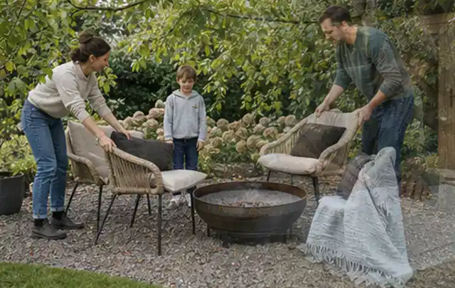 Familie stellt wetterfeste Sessel an einem geschützten Sitzplatz im Garten auf; Thema Holzkohlegrills, Schwerpunkt Sicherheit; Kontrolle.