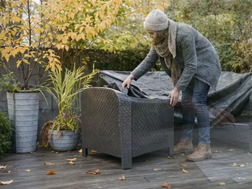 Person deckt Gartenmöbel vor der kalten Jahreszeit sorgfältig ab; Thema Holzkohlegrills, Schwerpunkt Systemvergleich; Titelbild.