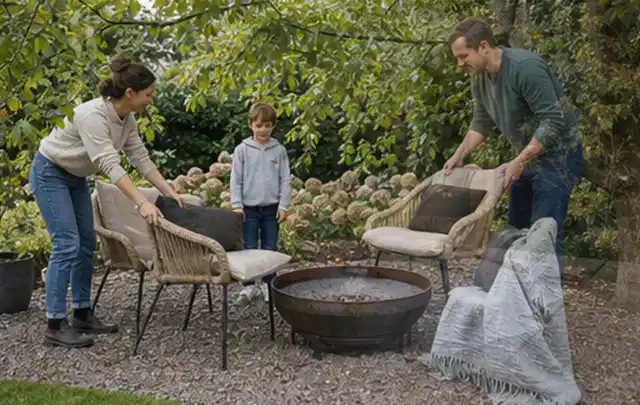 Familie stellt wetterfeste Sessel an einem geschützten Sitzplatz im Garten auf; Thema Holzkohlegrills, Schwerpunkt Systemvergleich; Ausgangslage.