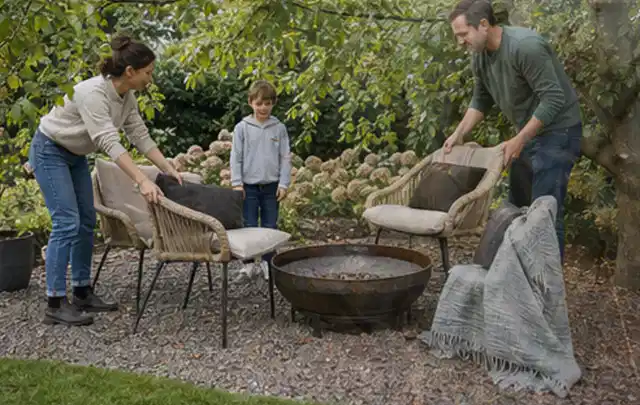 Familie stellt wetterfeste Sessel an einem geschützten Sitzplatz im Garten auf; Thema Holzkohlegrills, Schwerpunkt Vergleich; Umsetzung.