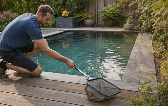 Person entfernt Blätter mit einem Kescher aus einem kleinen Gartenpool; Thema Holzkohlegrills, Schwerpunkt Wartung; Ergebnis.