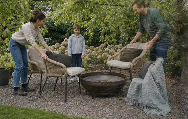 Familie stellt wetterfeste Sessel an einem geschützten Sitzplatz im Garten auf; Thema Holzkohlegrills, Schwerpunkt Winterlager; Praxisalltag.