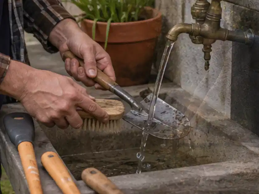 Hände reinigen gebrauchte Gartengeräte mit Bürste und Wasser am Außenbecken; Thema Holzspalter, Schwerpunkt Anwendung; Titelbild.