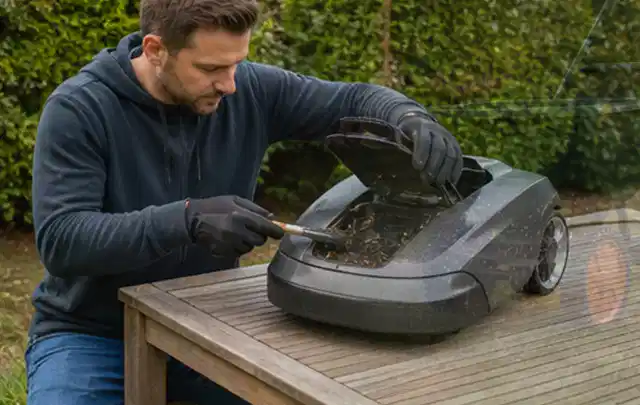 Person wartet einen geöffneten Mähroboter auf einem stabilen Gartentisch; Thema Holzspalter, Schwerpunkt Bestenliste; Ausgangslage.