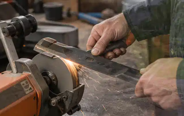 Person schärft ein ausgebautes Rasenmähermesser an einer Werkbank; Thema Holzspalter, Schwerpunkt Checkliste; Praxisalltag.