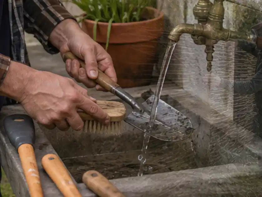 Hände reinigen gebrauchte Gartengeräte mit Bürste und Wasser am Außenbecken; Thema Holzspalter, Schwerpunkt Dimensionierung; Titelbild.