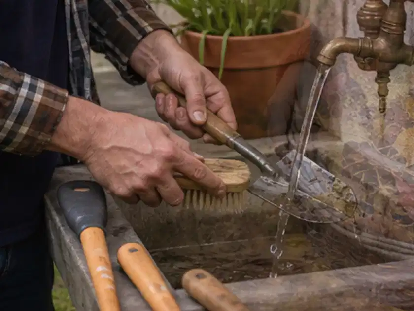Hände reinigen gebrauchte Gartengeräte mit Bürste und Wasser am Außenbecken; Thema Holzspalter, Schwerpunkt Ersatzteile; Titelbild.
