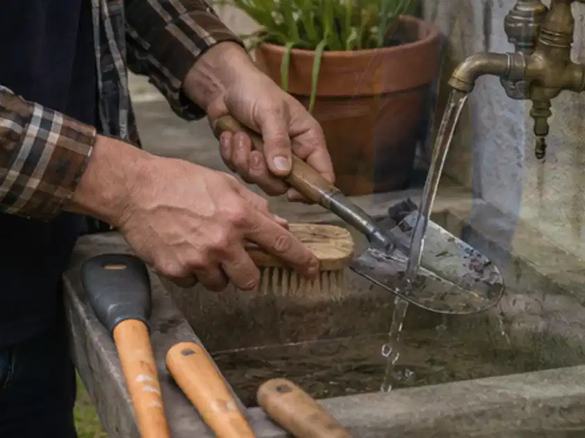 Hände reinigen gebrauchte Gartengeräte mit Bürste und Wasser am Außenbecken; Thema Holzspalter, Schwerpunkt Fehlerhilfe; Titelbild.