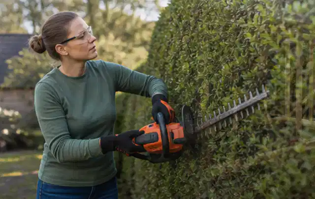 Person schneidet eine dichte Gartenhecke mit Schutzbrille und sicherem Stand; Thema Holzspalter, Schwerpunkt Fehlerhilfe; Ergebnis.