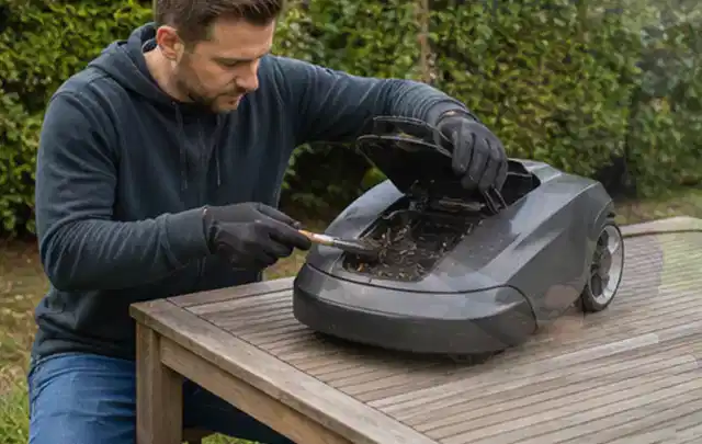 Person wartet einen geöffneten Mähroboter auf einem stabilen Gartentisch; Thema Holzspalter, Schwerpunkt Gärten mit großer Fläche; Kontrolle.