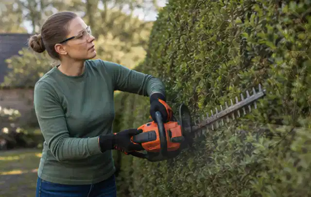 Person schneidet eine dichte Gartenhecke mit Schutzbrille und sicherem Stand; Thema Holzspalter, Schwerpunkt Gärten mit großer Fläche; Praxisalltag.