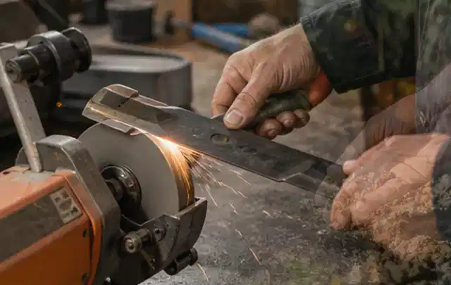 Person schärft ein ausgebautes Rasenmähermesser an einer Werkbank; Thema Holzspalter, Schwerpunkt Gärten mit kleiner Fläche; Ergebnis.