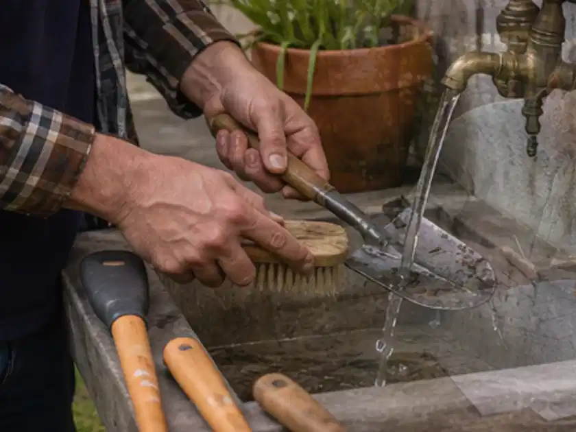 Hände reinigen gebrauchte Gartengeräte mit Bürste und Wasser am Außenbecken; Thema Holzspalter, Schwerpunkt Kaufberatung; Titelbild.
