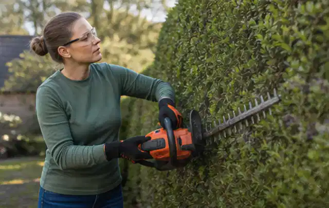Person schneidet eine dichte Gartenhecke mit Schutzbrille und sicherem Stand; Thema Holzspalter, Schwerpunkt Kaufberatung; Ergebnis.
