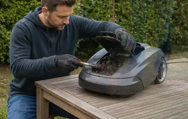 Person wartet einen geöffneten Mähroboter auf einem stabilen Gartentisch; Thema Holzspalter, Schwerpunkt Kosten; Ergebnis.