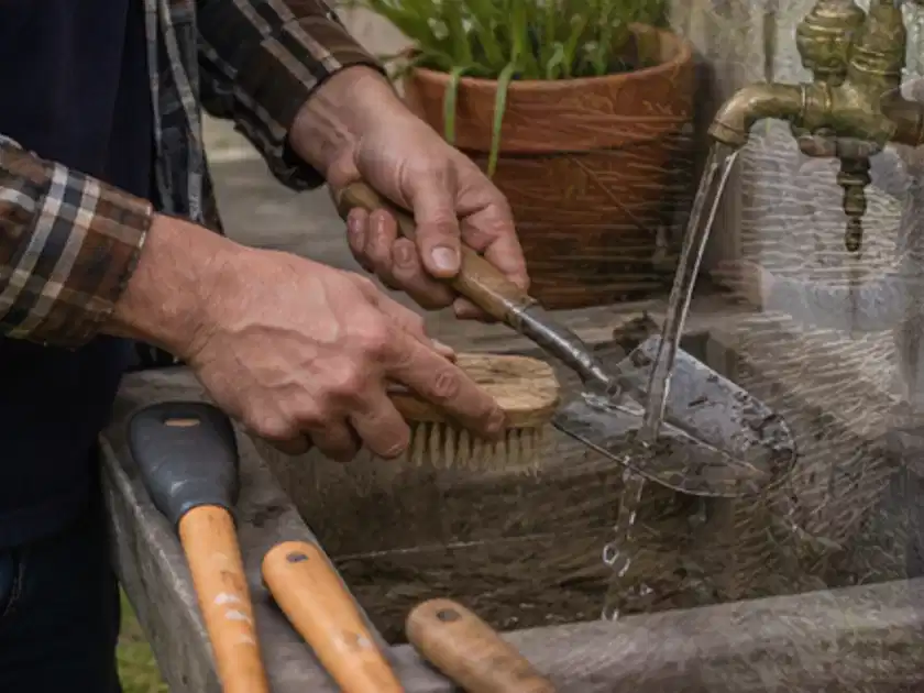 Hände reinigen gebrauchte Gartengeräte mit Bürste und Wasser am Außenbecken; Thema Holzspalter, Schwerpunkt Leistung; Titelbild.