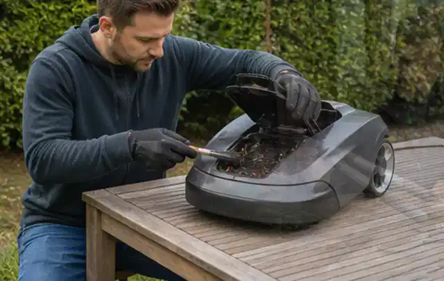 Person wartet einen geöffneten Mähroboter auf einem stabilen Gartentisch; Thema Holzspalter, Schwerpunkt Leistung; Kontrolle.