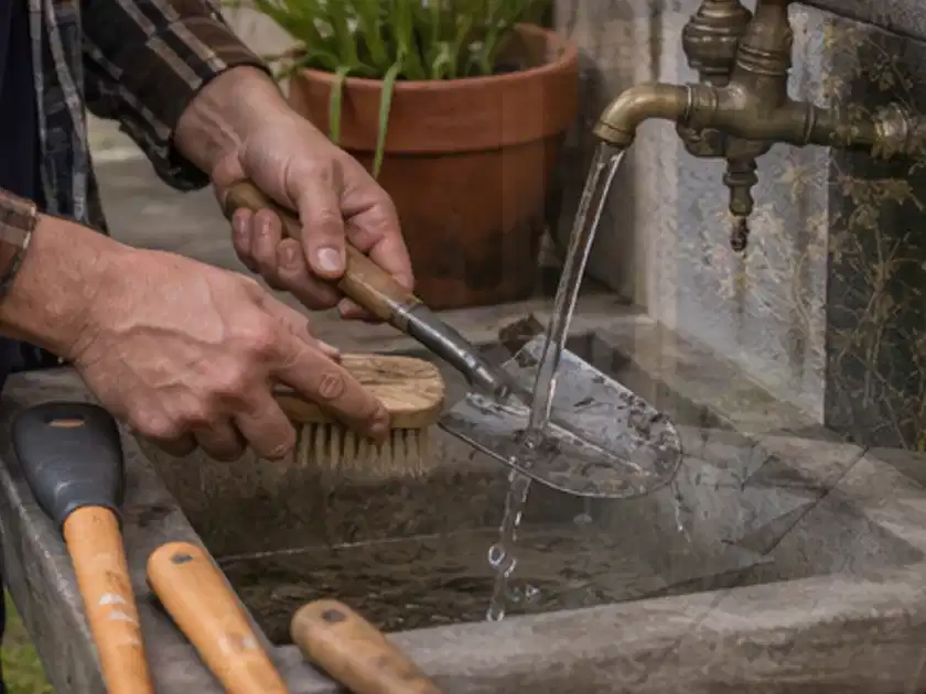 Hände reinigen gebrauchte Gartengeräte mit Bürste und Wasser am Außenbecken; Thema Holzspalter, Schwerpunkt Nachhaltigkeit; Titelbild.