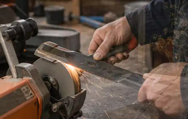 Person schärft ein ausgebautes Rasenmähermesser an einer Werkbank; Thema Holzspalter, Schwerpunkt Nachhaltigkeit; Ausgangslage.